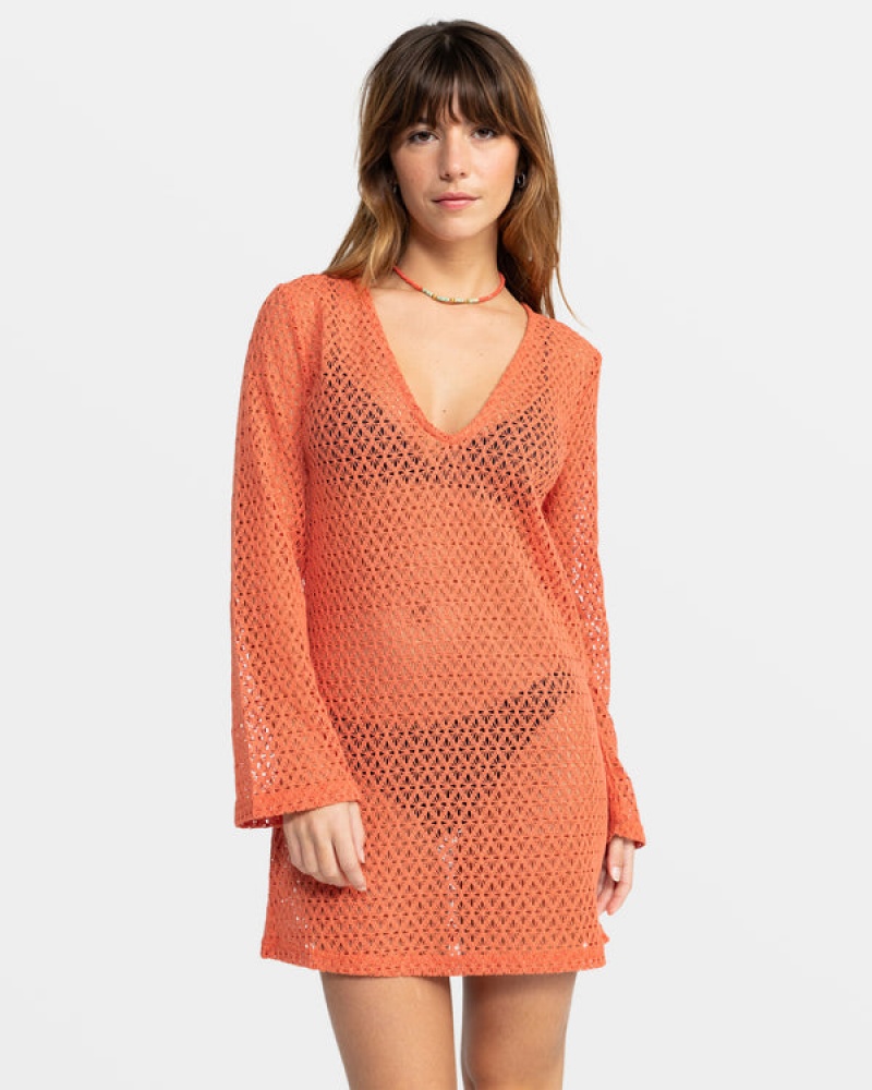 Roxy Love Coastline Long Sleeve Crochet Beach Dress | 71429-WANE