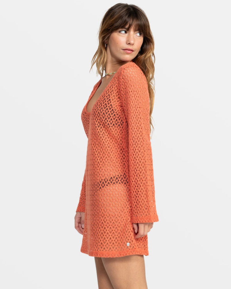 Roxy Love Coastline Long Sleeve Crochet Beach Dress | 71429-WANE